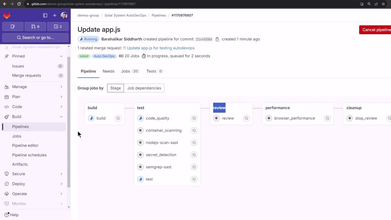 The image shows a GitLab pipeline interface with stages for building, testing, reviewing, performance, and cleanup. It includes various jobs like code quality, container scanning, and browser performance.