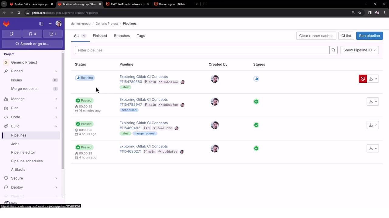The image shows a GitLab interface displaying a list of CI/CD pipelines with their statuses, names, and other details. The sidebar includes navigation options like Issues, Merge requests, and Pipelines.