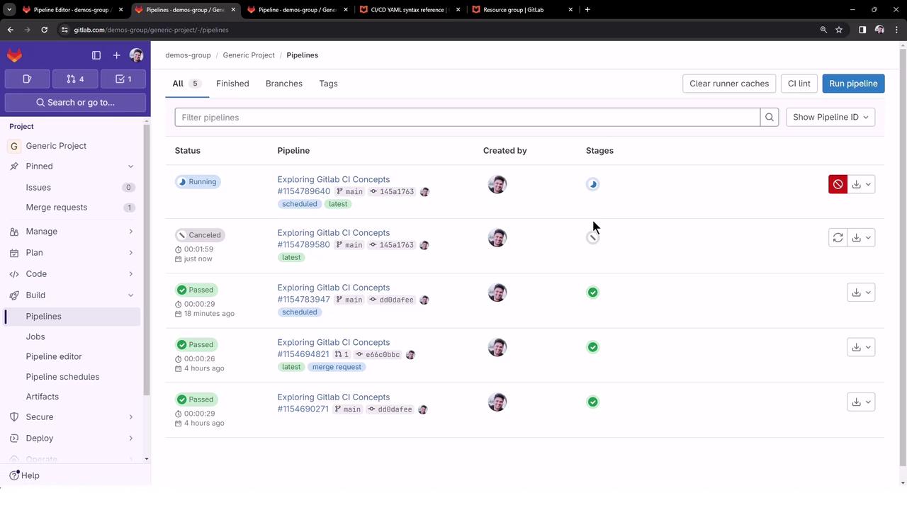 The image shows a GitLab interface displaying a list of CI/CD pipelines with their statuses, such as running, canceled, and passed. The sidebar includes options like issues, merge requests, and pipelines.