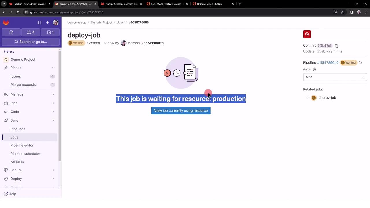 The image shows a GitLab interface with a "deploy-job" that is currently waiting for the resource "production." There is a sidebar with project navigation options.