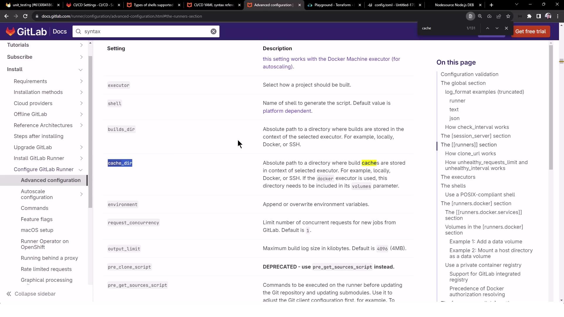 The image shows a GitLab documentation page about advanced configuration settings for runners, with a focus on cache directories. The page includes a list of settings and descriptions, and a sidebar with navigation links.