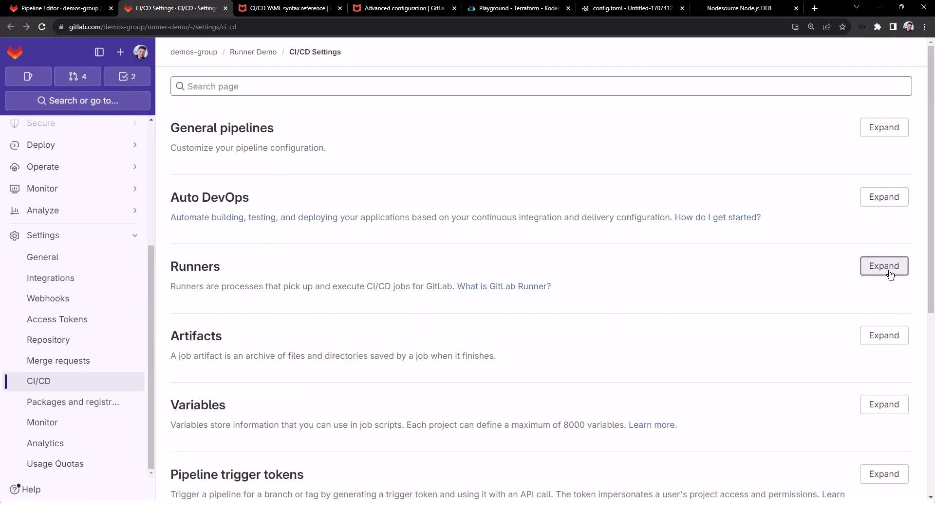 The image shows the CI/CD settings page of a GitLab project, with options for configuring pipelines, Auto DevOps, runners, artifacts, variables, and pipeline trigger tokens. The interface includes a sidebar with various settings categories.