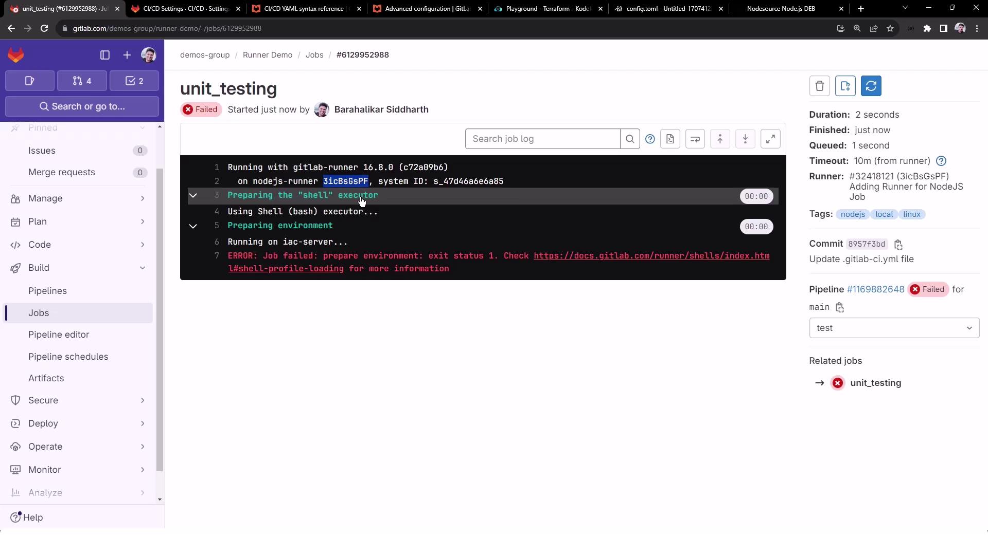 The image shows a GitLab CI/CD job interface where a unit testing job has failed, with an error message related to preparing the environment.