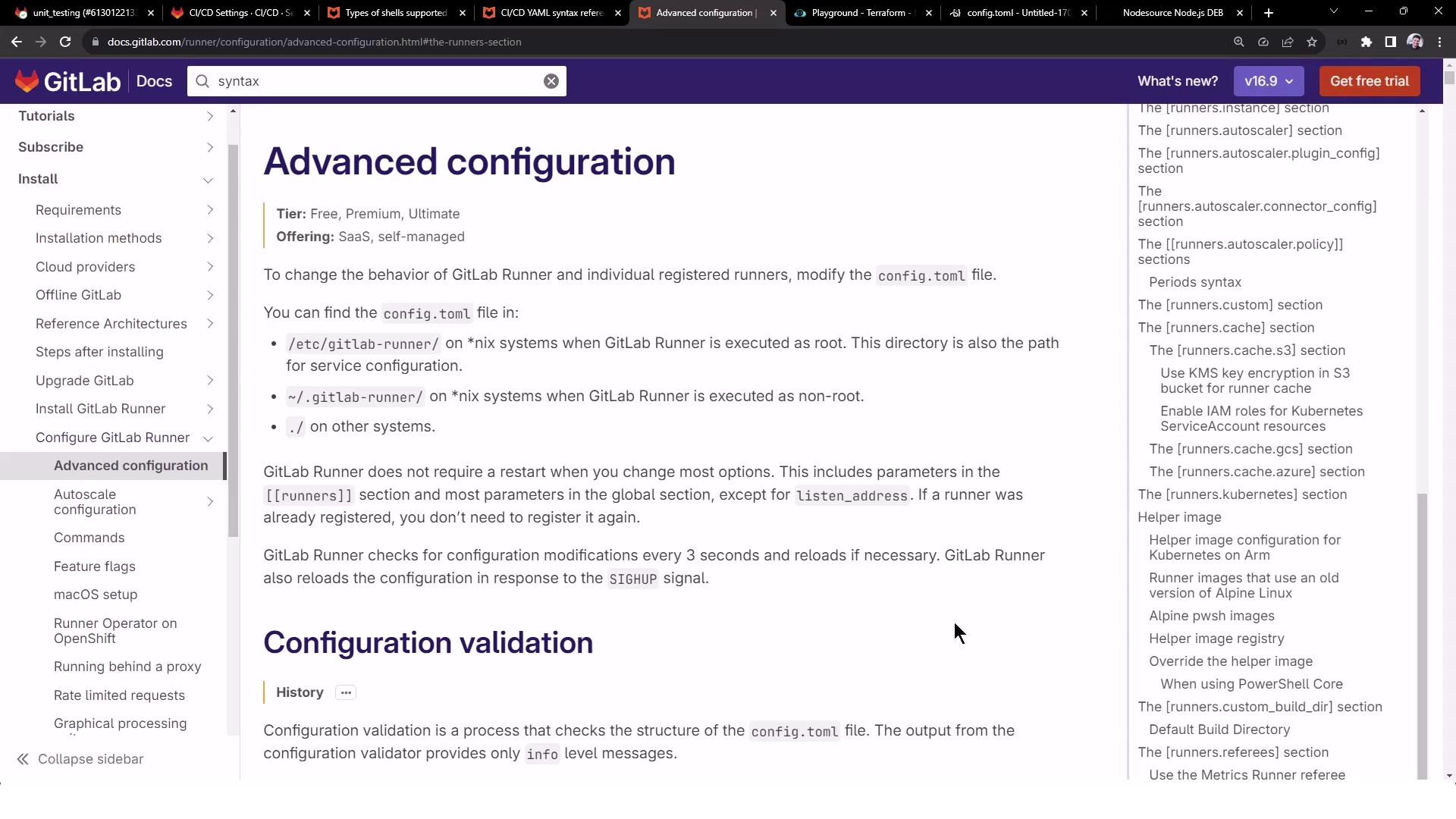 The image shows a GitLab documentation page about advanced configuration for GitLab Runner, detailing how to modify the `config.toml` file and explaining configuration validation.