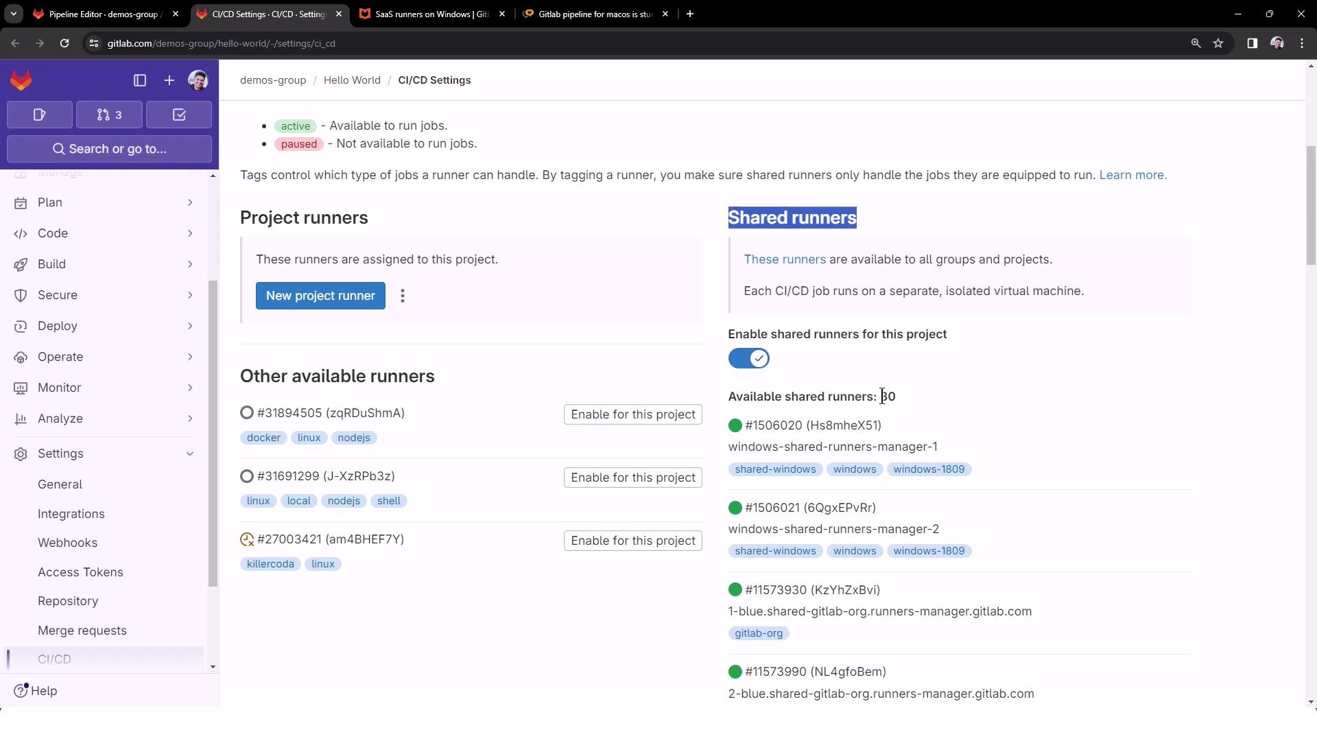 The image shows a GitLab CI/CD settings page, displaying options for project runners and shared runners, with toggles and buttons for enabling them.