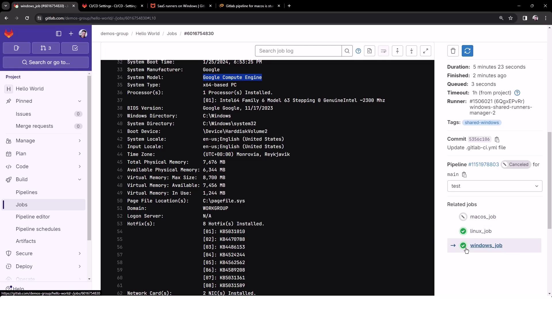 The image shows a GitLab CI/CD job interface displaying system information for a Google Compute Engine instance, including details like system type, processor, memory, and hotfixes. The sidebar includes project navigation and job details such as duration, runner, and related jobs.