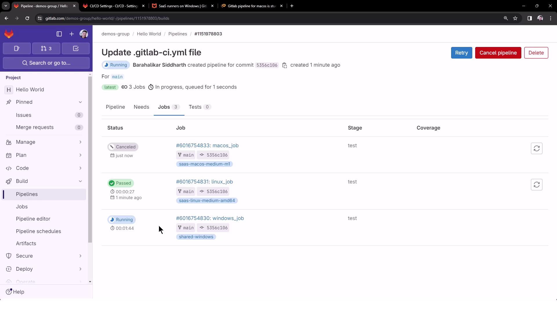 The image shows a GitLab CI/CD pipeline interface with three jobs: one canceled, one passed, and one running. The jobs are for different operating systems: macOS, Linux, and Windows.