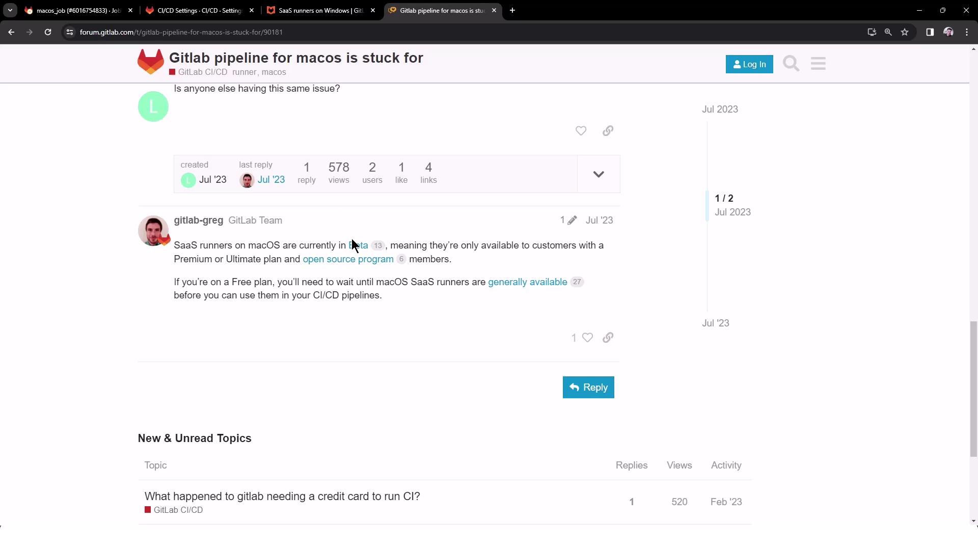 The image shows a GitLab forum discussion about a macOS pipeline issue, with a response explaining that SaaS runners for macOS are in beta and available only to certain plan members.