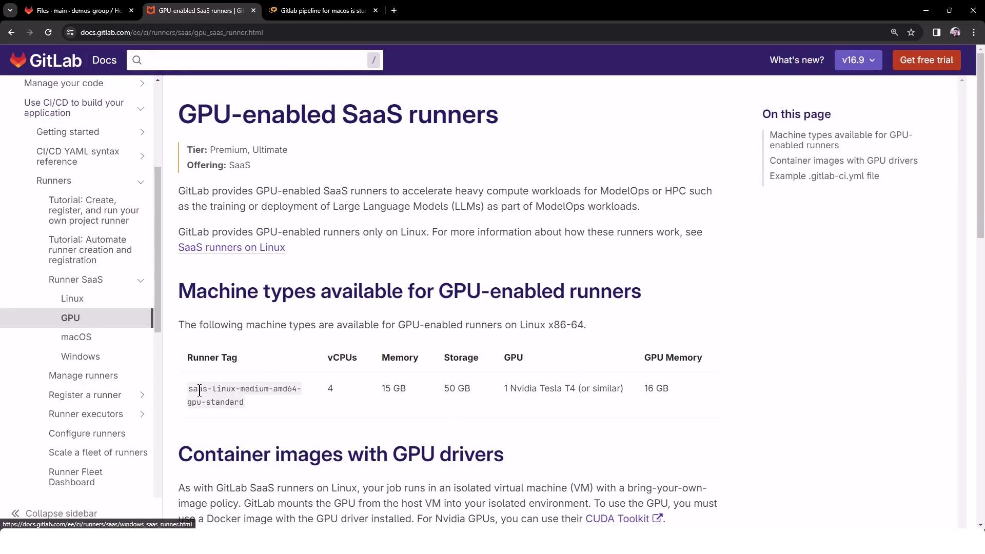 The image shows a GitLab documentation page about GPU-enabled SaaS runners, detailing machine types available for GPU-enabled runners and container images with GPU drivers.