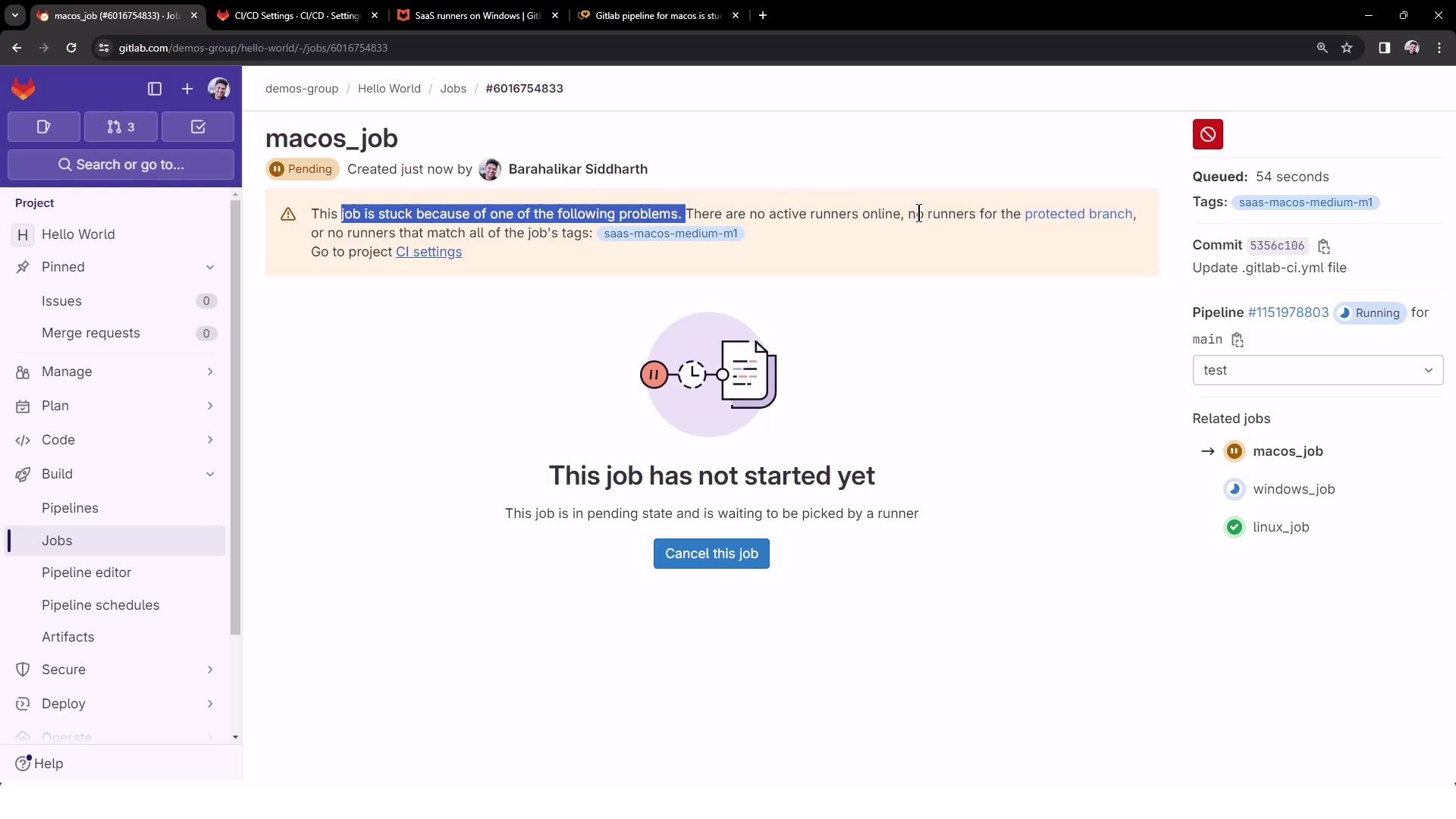 The image shows a GitLab job page where a job named "macos_job" is pending and has not started due to a lack of active runners. The job is waiting to be picked by a runner.