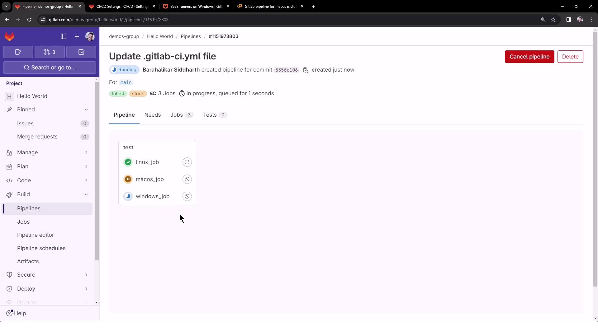 The image shows a GitLab pipeline interface with a pipeline titled "Update .gitlab-ci.yml file" that includes three jobs: linux_job, macos_job, and windows_job. The linux_job is running, the macos_job is stuck, and the windows_job is pending.