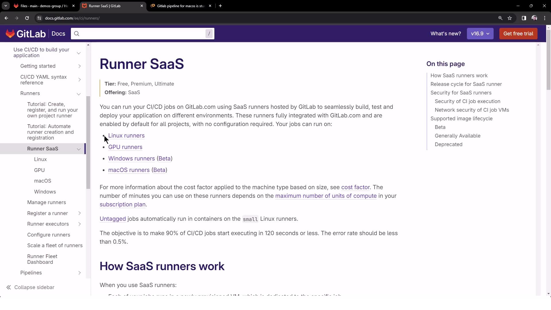 The image shows a GitLab documentation page about "Runner SaaS," detailing how to run CI/CD jobs using SaaS runners hosted by GitLab. It includes information on different types of runners like Linux, GPU, Windows, and macOS.
