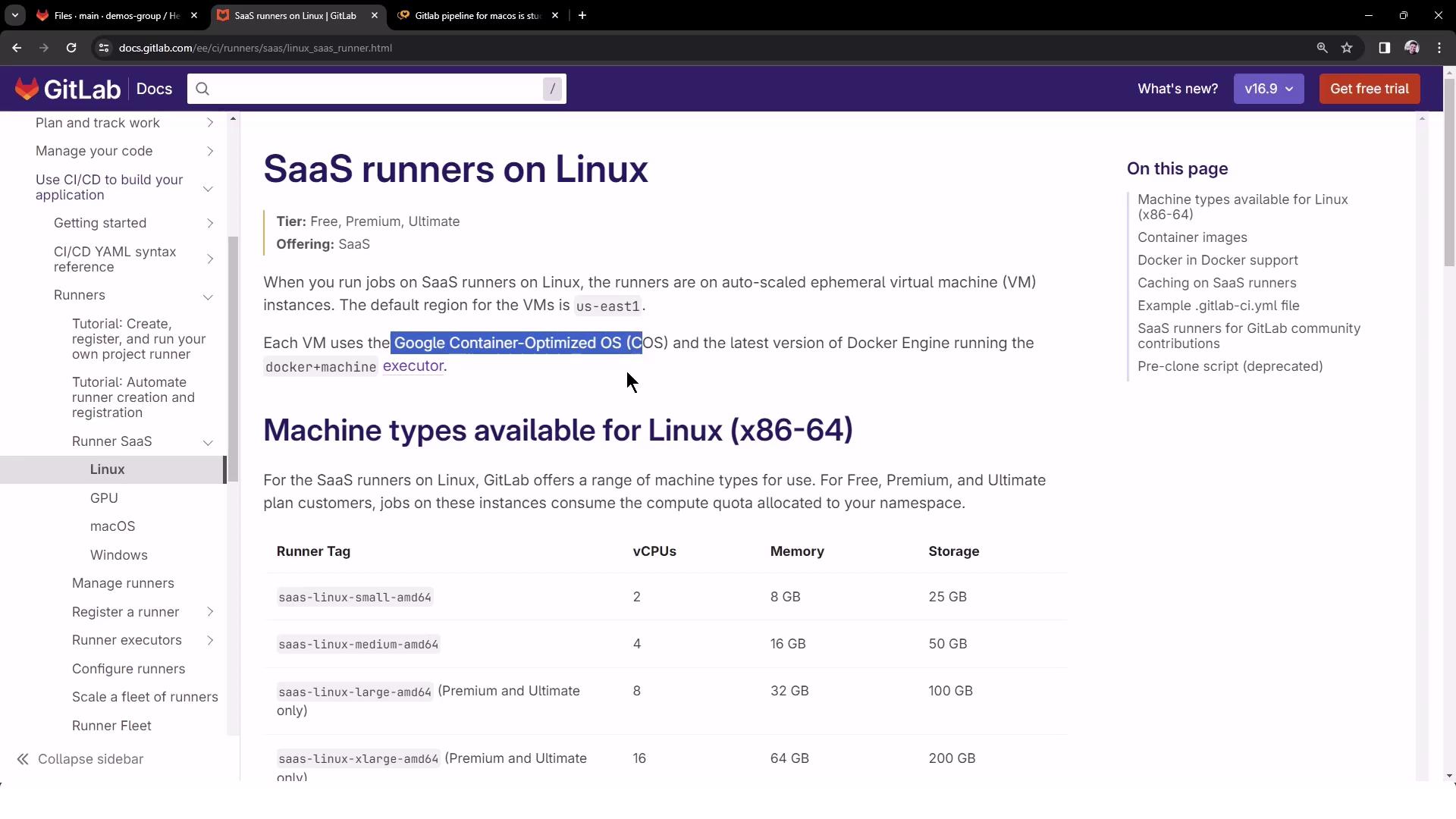 The image is a GitLab documentation page about SaaS runners on Linux, detailing machine types available for Linux with specifications like vCPUs, memory, and storage. It also mentions the use of Google Container-Optimized OS for virtual machines.