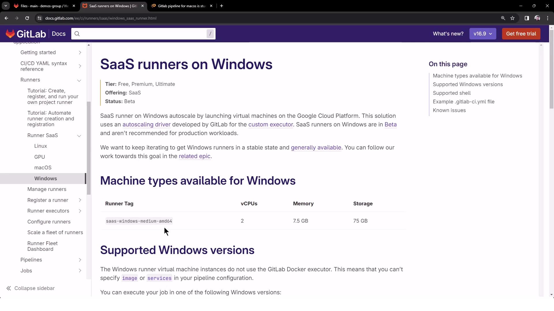 The image shows a GitLab documentation page about SaaS runners on Windows, detailing machine types, supported Windows versions, and related information.