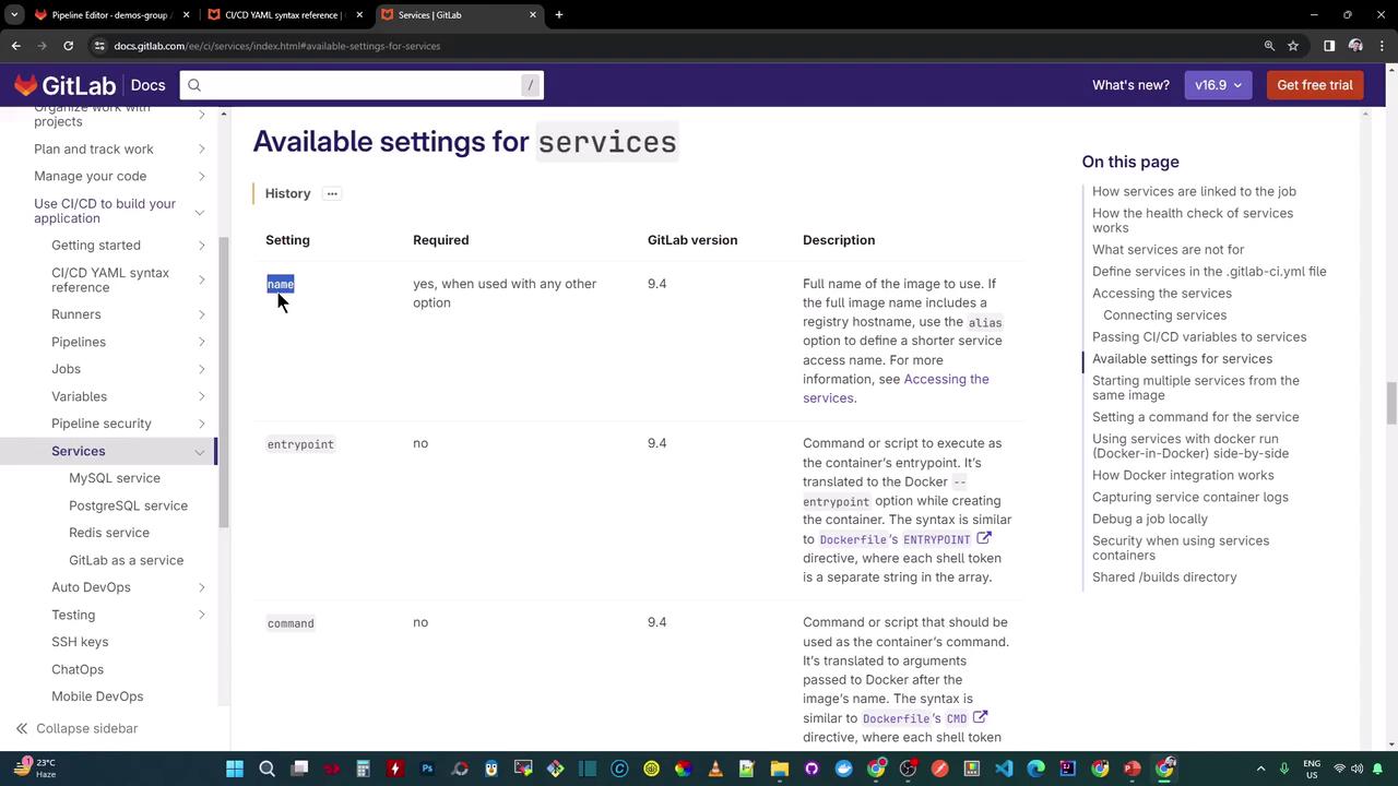 The image shows a GitLab documentation page detailing available settings for services, including columns for setting names, requirements, GitLab version, and descriptions. The sidebar contains navigation links for various GitLab features.