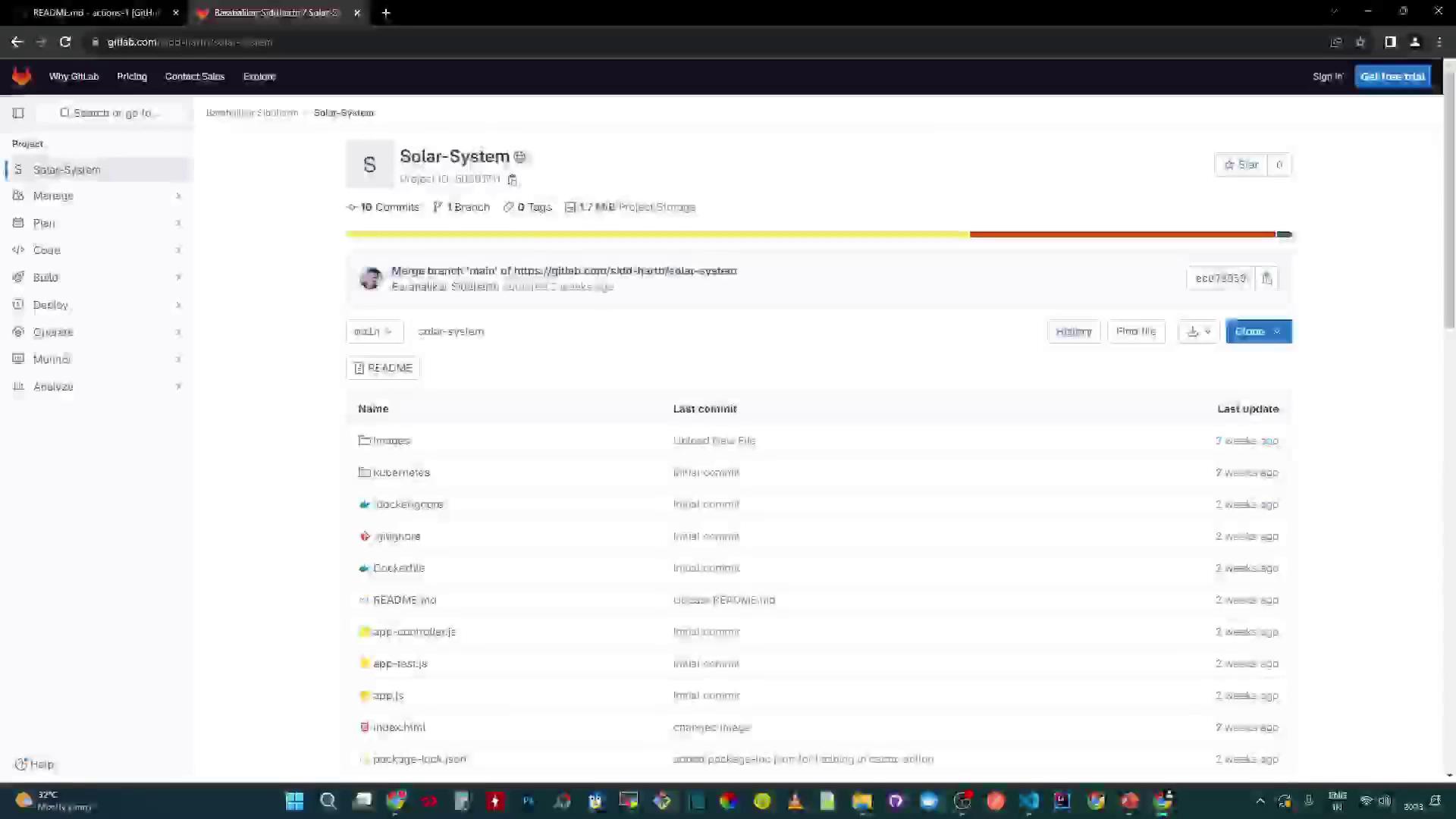 The image shows a GitLab repository page for a project named "Solar-System," displaying the project files and their last commit details. The interface includes options for managing, planning, and deploying the project.