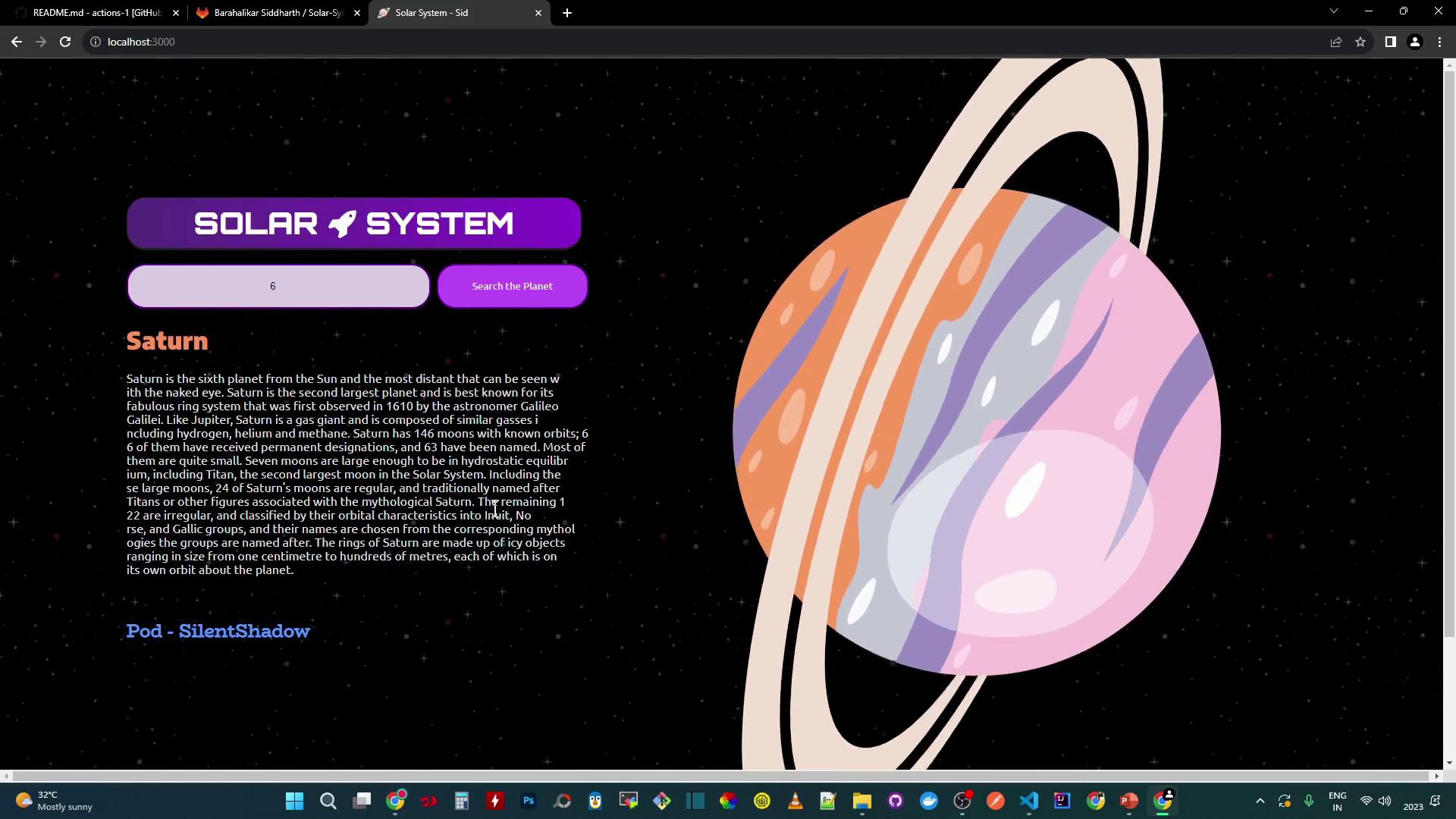The image shows a webpage about the solar system, specifically focusing on Saturn, with a stylized illustration of the planet and its rings on a starry background. There is a description of Saturn and a search feature for exploring planets.