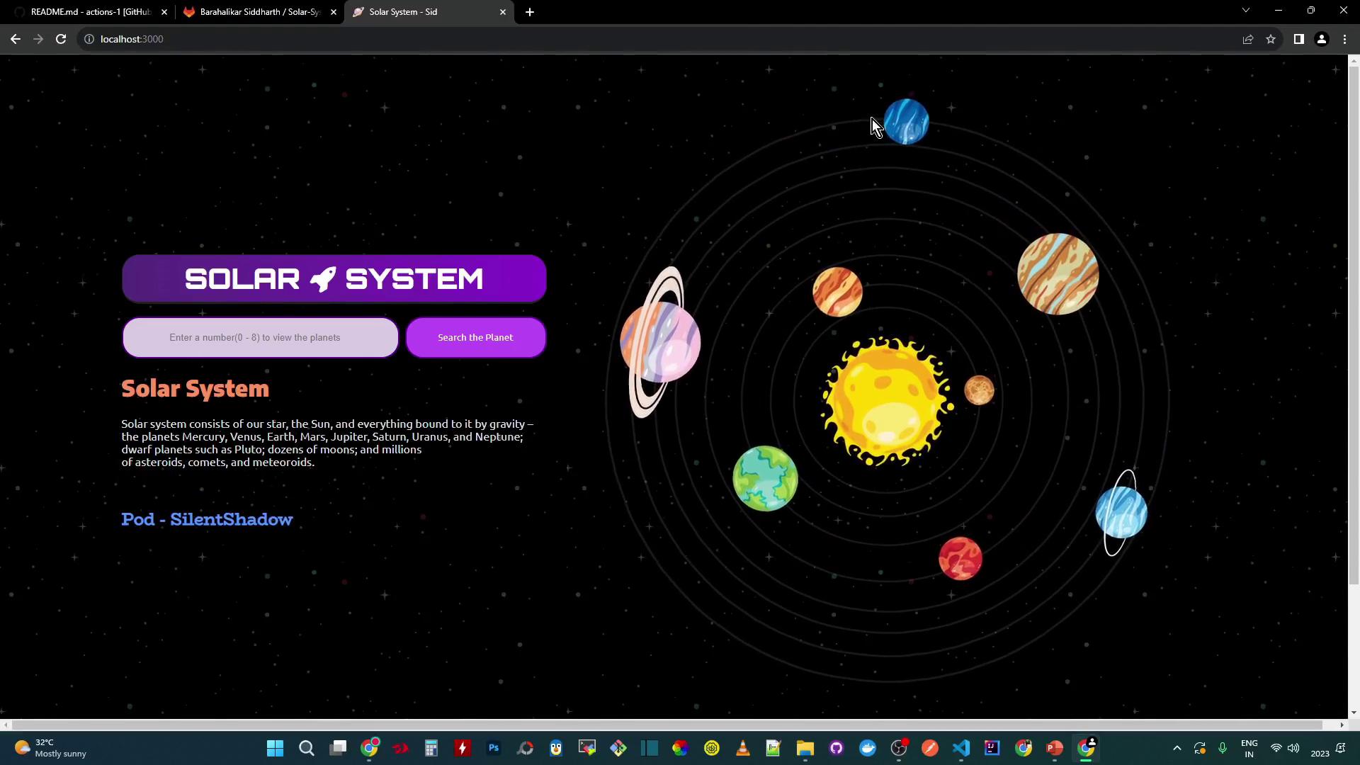 The image shows a digital illustration of the solar system with planets orbiting the sun, accompanied by a user interface for searching planets. The background is a starry space theme with text describing the solar system.