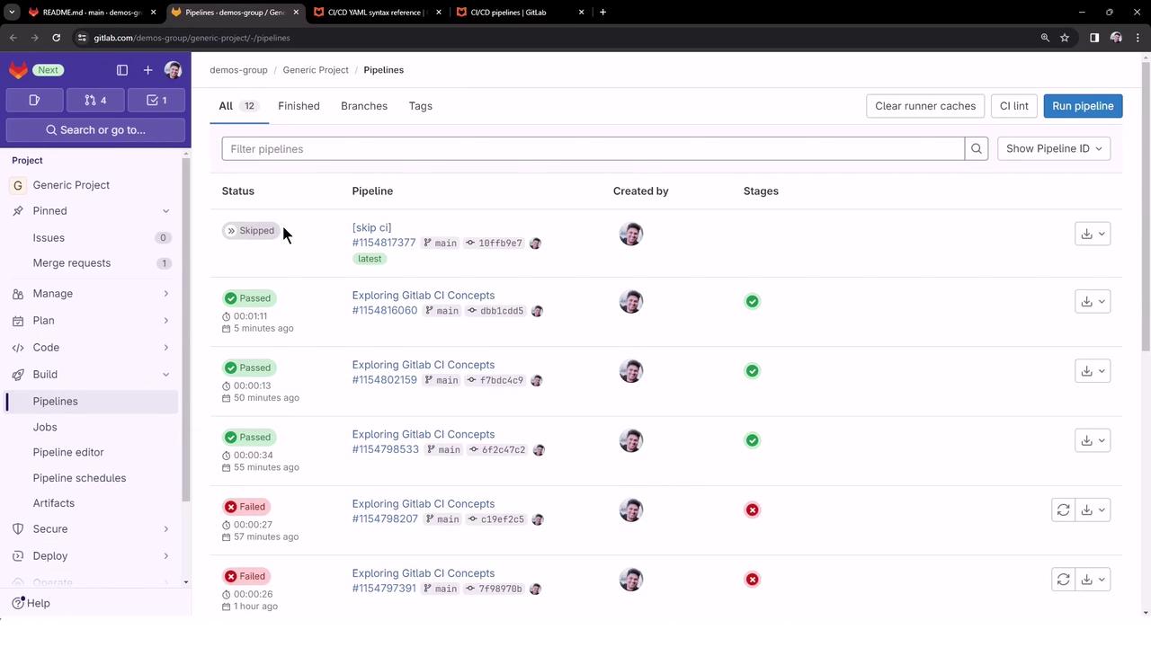 The image shows a GitLab CI/CD pipeline dashboard with a list of pipeline statuses, including "Skipped," "Passed," and "Failed." It displays details such as pipeline IDs, branches, and timestamps.
