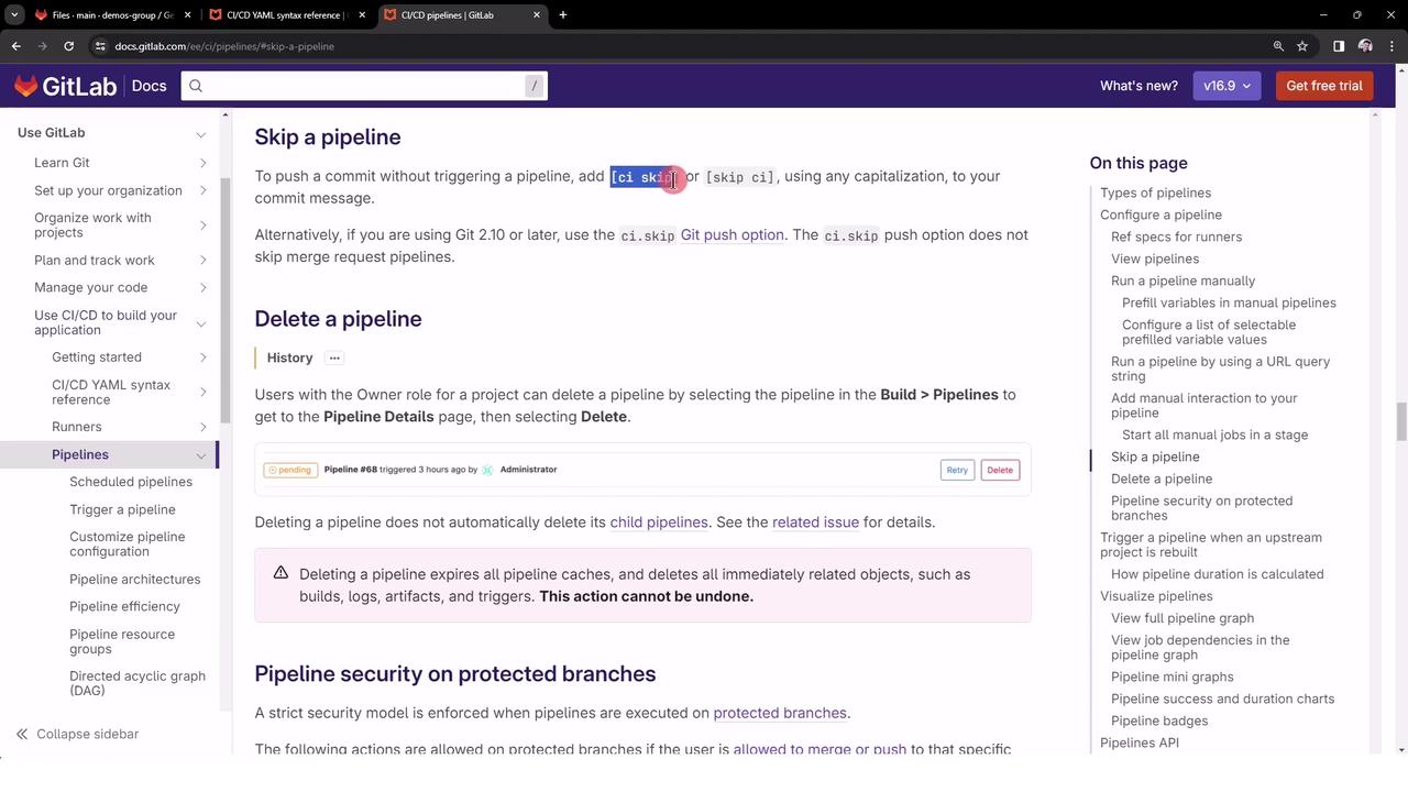 The image shows a GitLab documentation page about skipping and deleting pipelines, with navigation options on the left and related topics on the right.