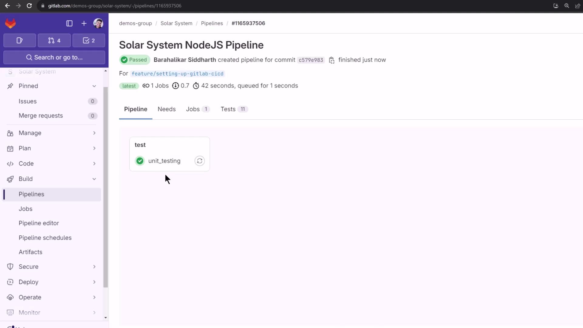 The image shows a GitLab CI/CD pipeline interface for a project named "Solar System NodeJS Pipeline," indicating a successful test job labeled "unit_testing." The sidebar includes options like Pipelines, Jobs, and Merge requests.