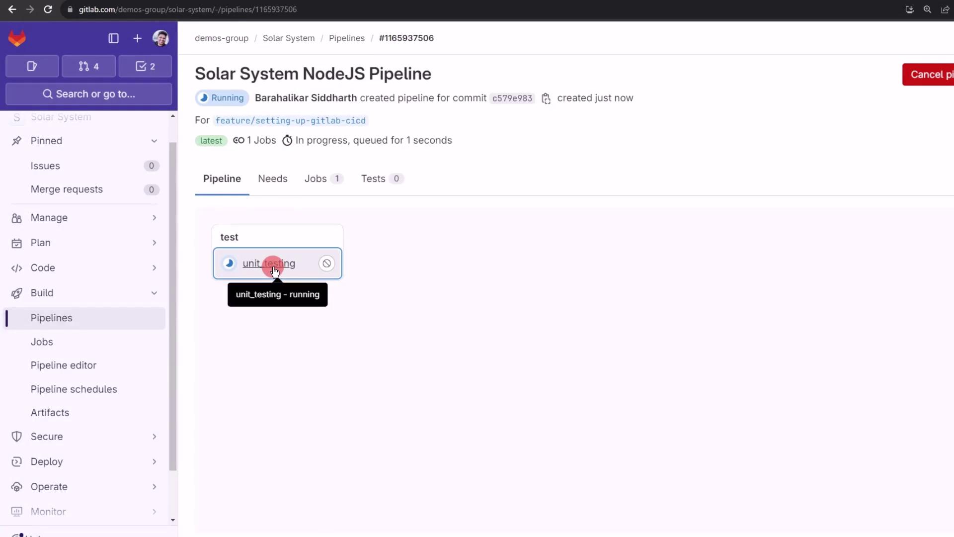 The image shows a GitLab pipeline interface for a NodeJS project named "Solar System," with a unit testing job currently running.