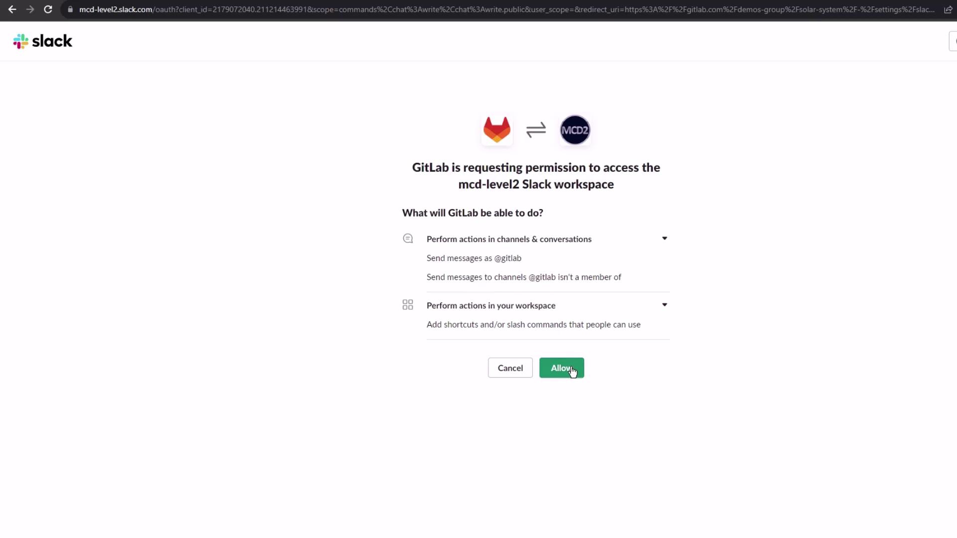 The image shows a Slack authorization page where GitLab is requesting permission to access the "mcd-level2" Slack workspace, with options to allow or cancel.