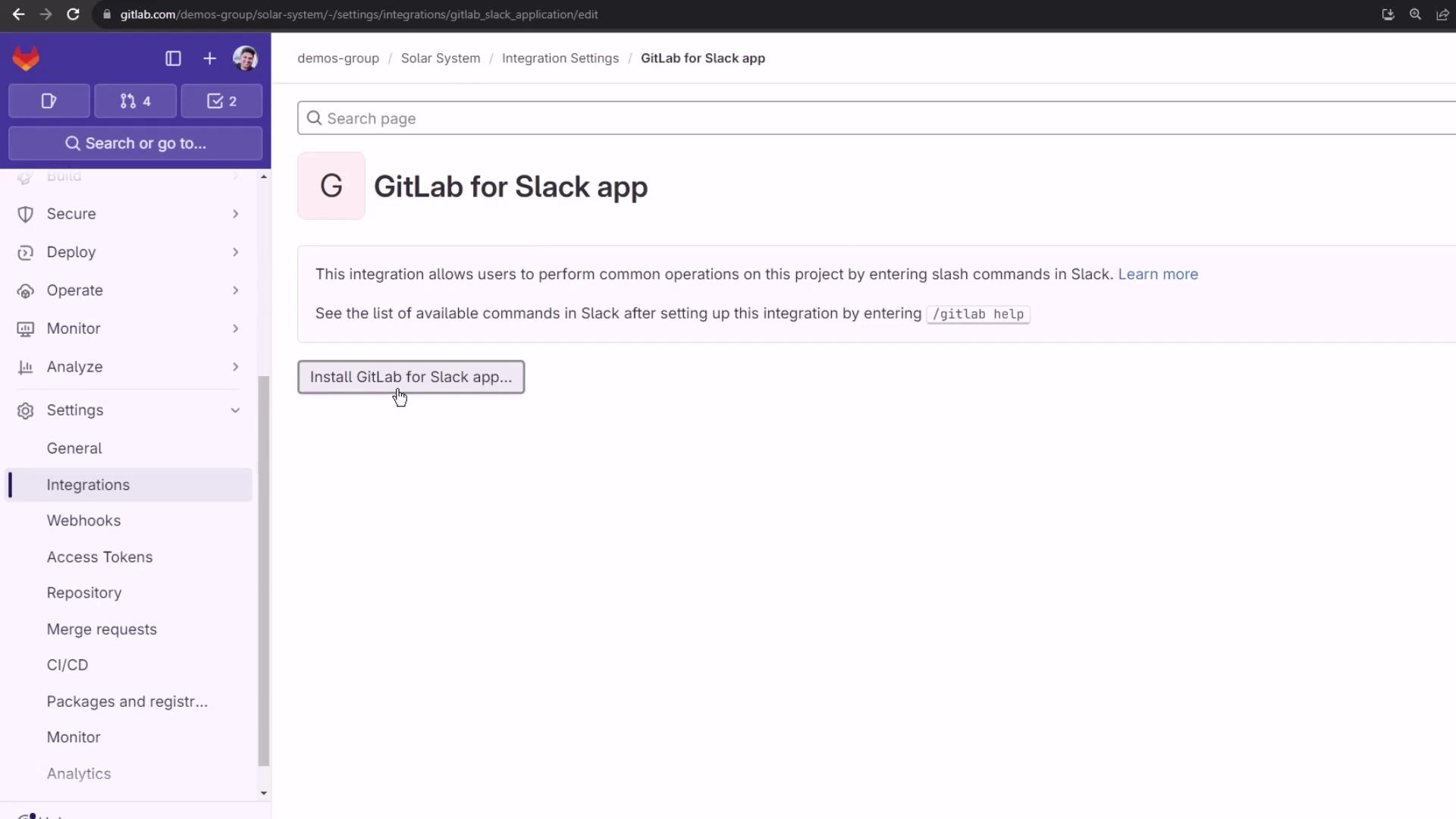 The image shows a GitLab interface for integrating with Slack, featuring a button to install the GitLab for Slack app. The left sidebar displays various project settings and options.