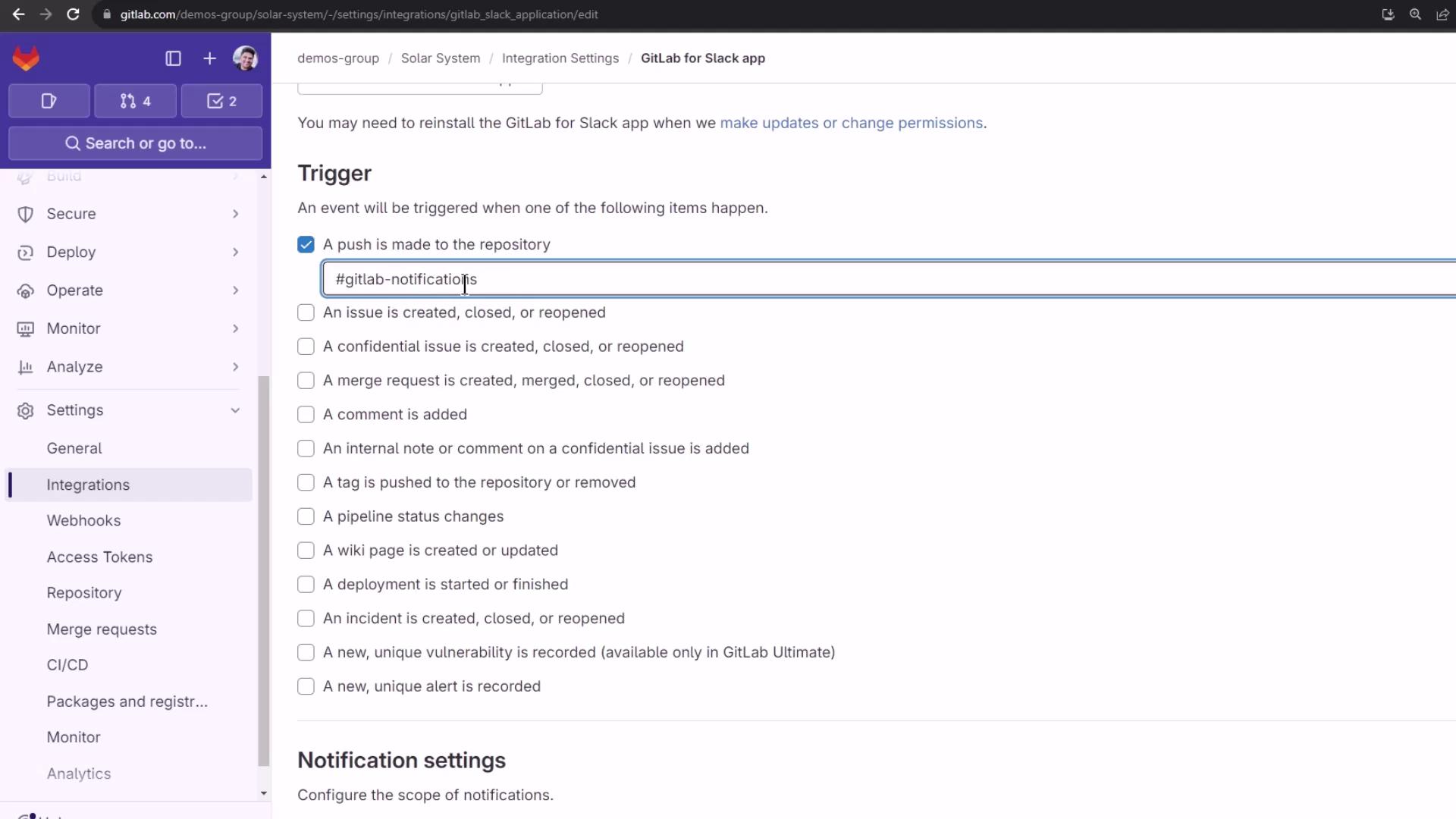 The image shows a GitLab integration settings page for the GitLab for Slack app, with various trigger options for events like repository pushes and issue updates.