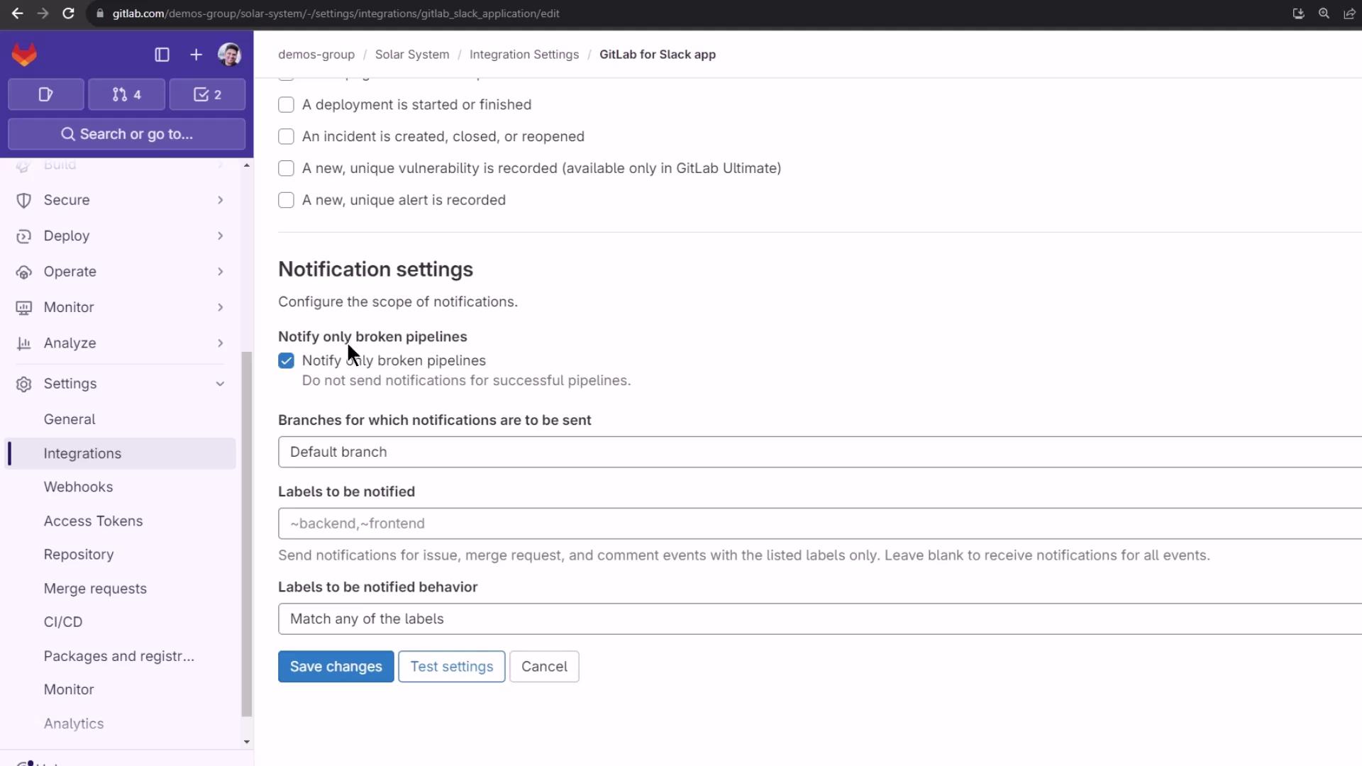 The image shows a GitLab integration settings page for Slack notifications, where options for notifying only broken pipelines and specifying branches and labels for notifications are configured.