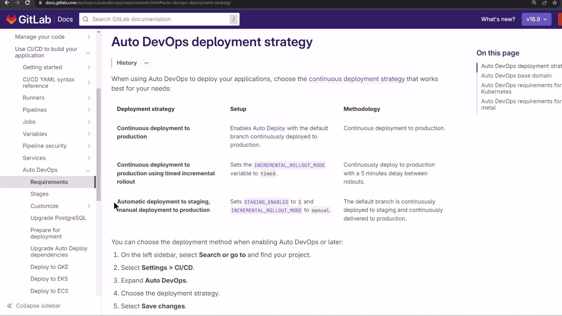 The image shows a GitLab documentation page detailing the "Auto DevOps deployment strategy," including different deployment strategies, their setup, and methodology. The sidebar lists various related topics like CI/CD, pipelines, and requirements.