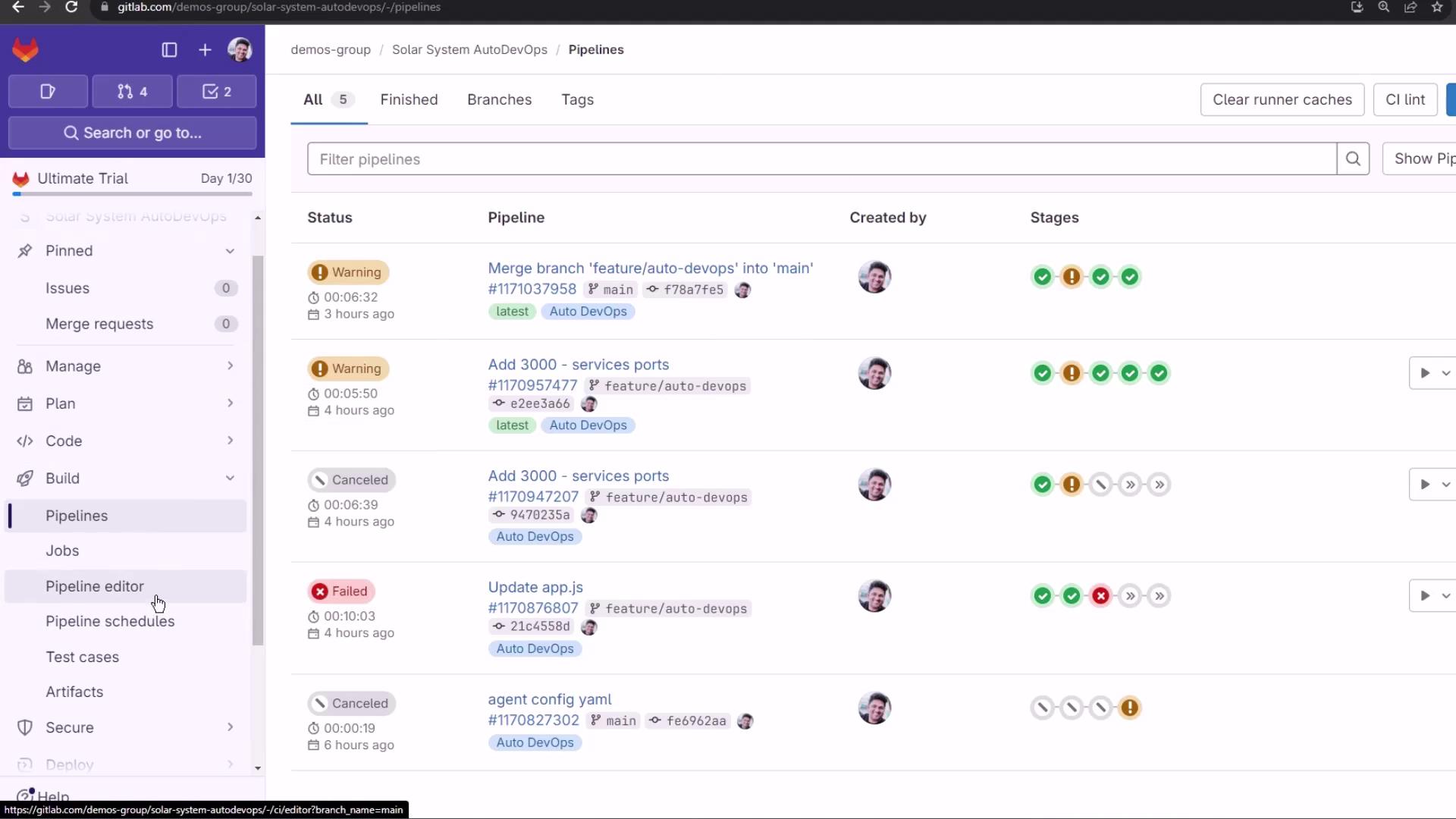 The image shows a GitLab interface displaying a list of CI/CD pipelines with their statuses, names, and stages. The sidebar includes navigation options like Pipelines, Jobs, and Pipeline Editor.