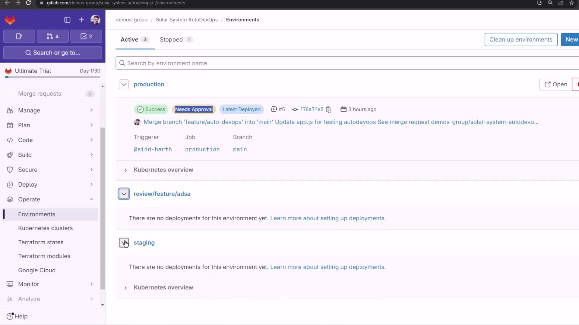 The image shows a GitLab environment management interface with details about deployments, including a production environment that has a successful deployment needing approval. The sidebar includes options like "Manage," "Plan," "Code," and "Deploy."