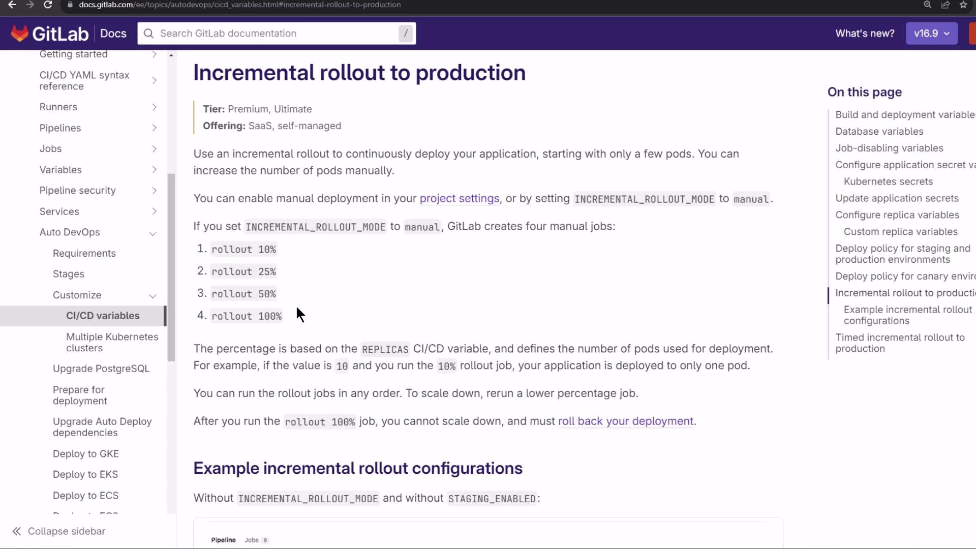 The image shows a GitLab documentation page about "Incremental rollout to production," detailing how to deploy applications incrementally using manual jobs. The sidebar lists various CI/CD variables and related topics.