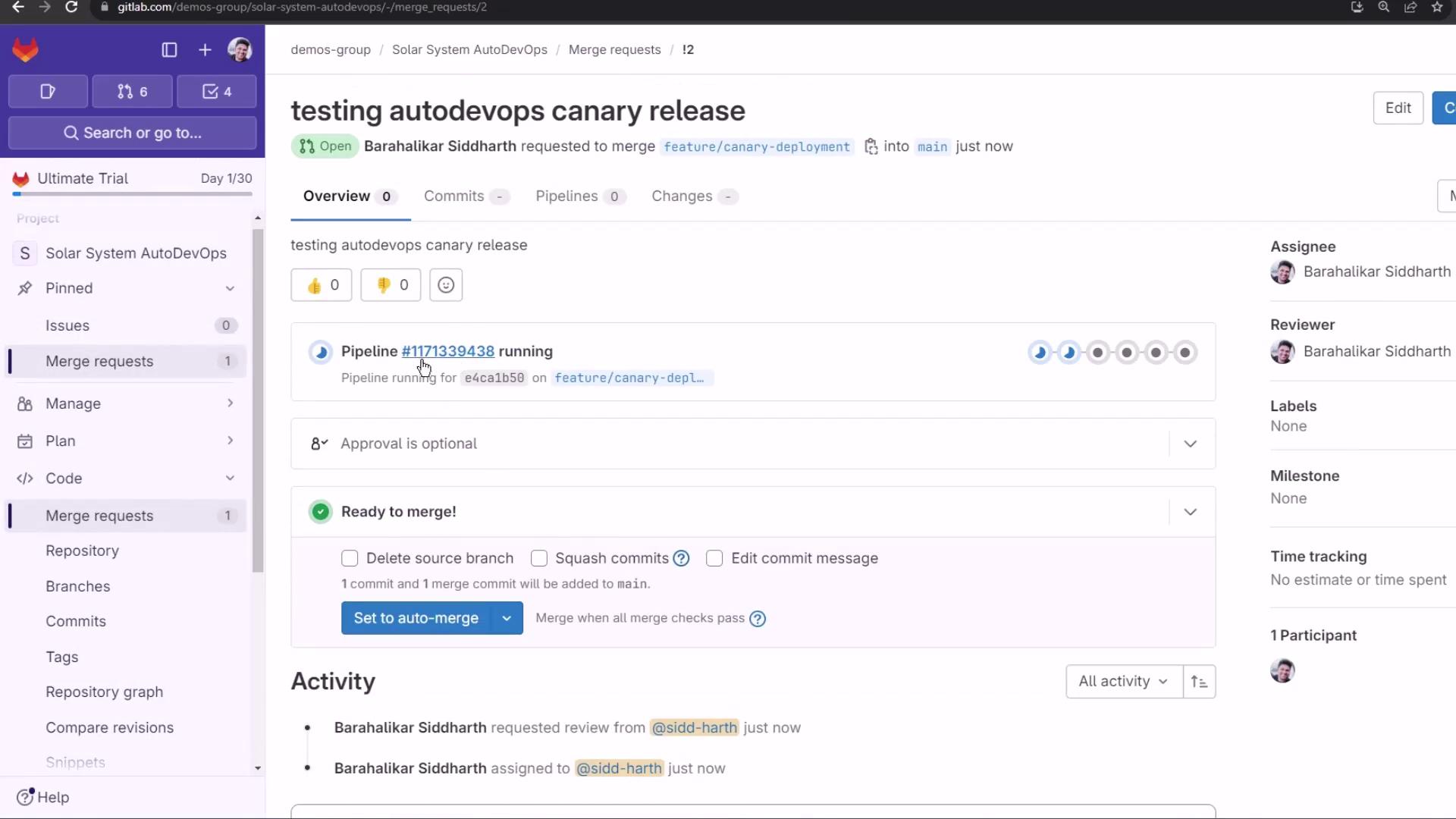The image shows a GitLab interface with a merge request titled "testing autodevops canary release," including details about the pipeline status and merge options.