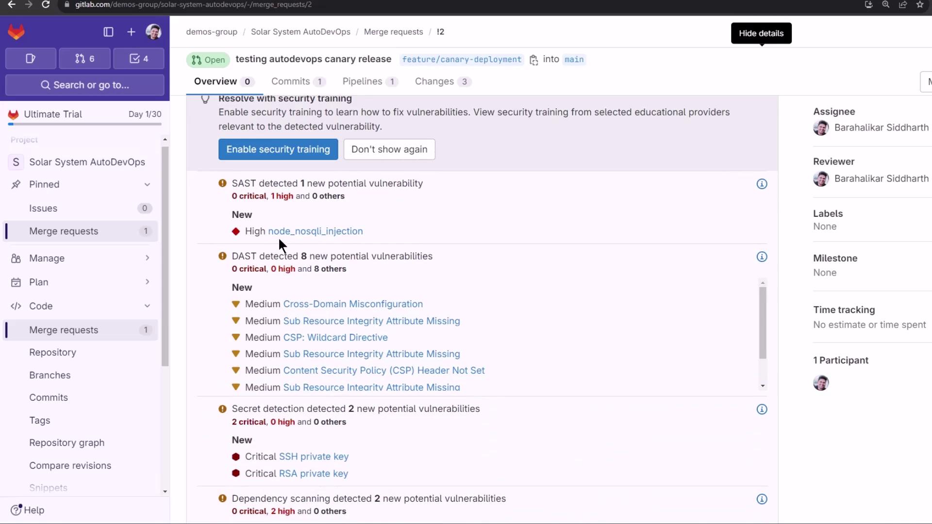 The image shows a GitLab interface displaying a merge request with detected security vulnerabilities, including SAST, DAST, and secret detection results.