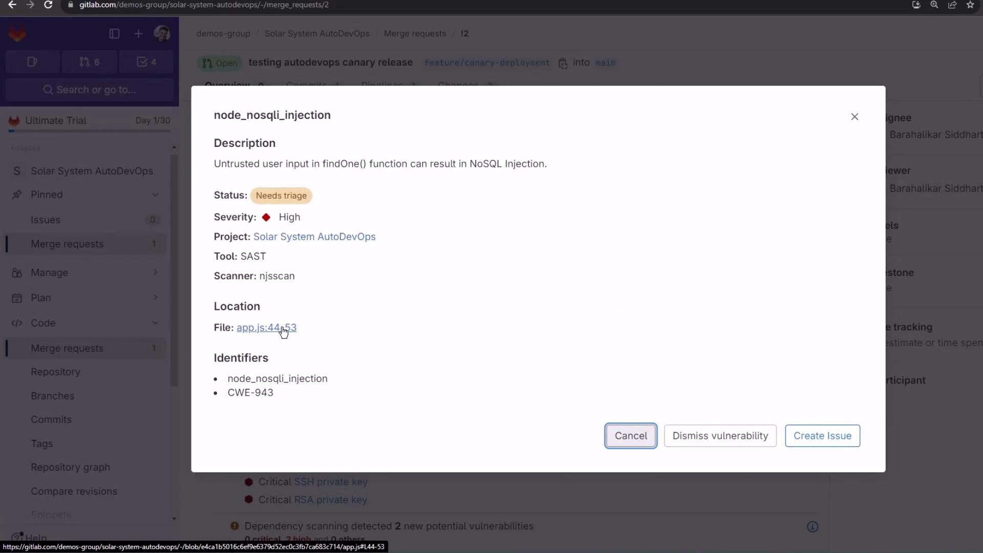The image shows a GitLab interface with a pop-up detailing a NoSQL injection vulnerability in a project, highlighting its high severity and location in a specific file.