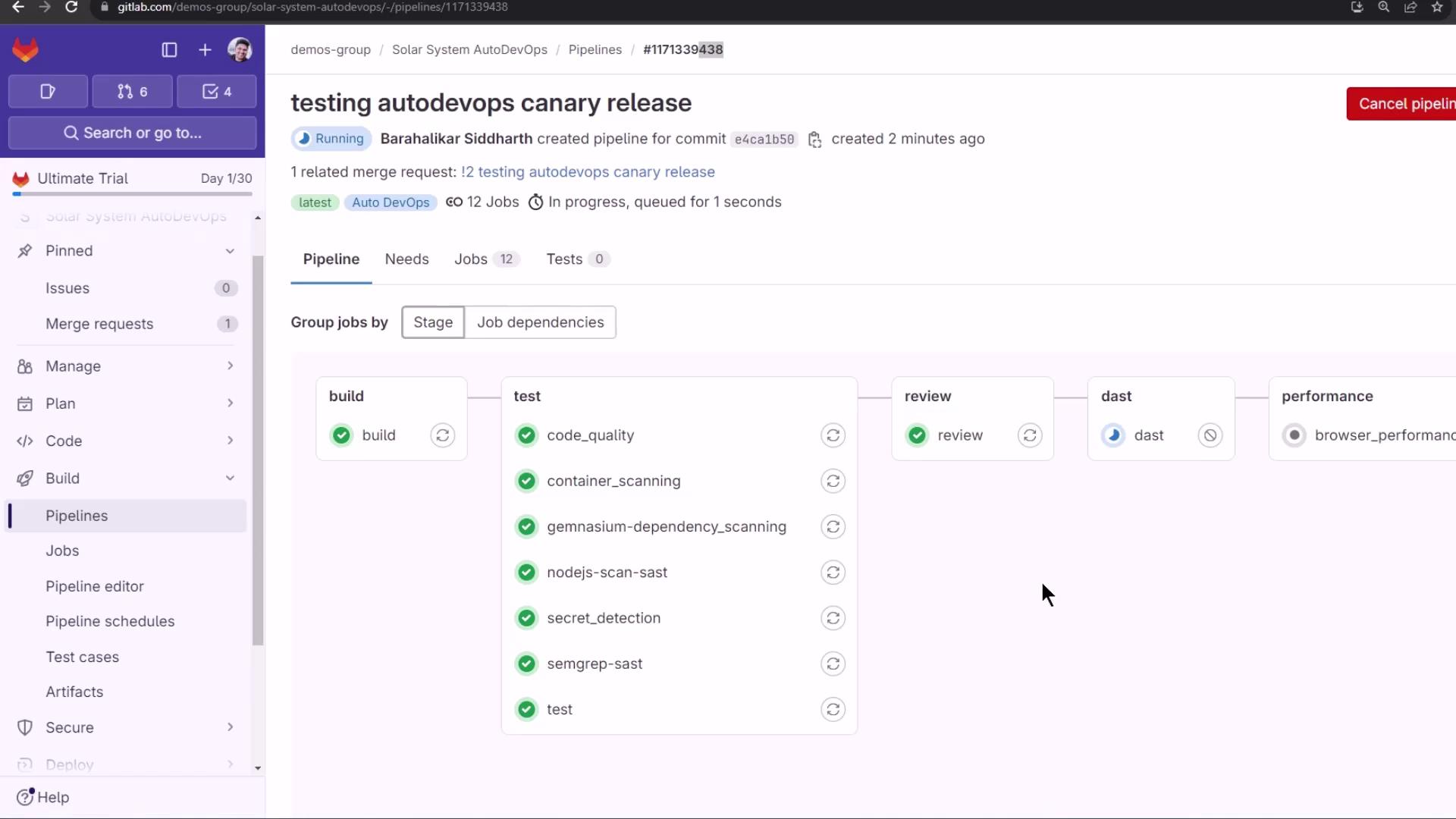 The image shows a GitLab pipeline interface with stages for build, test, review, dast, and performance, displaying the progress and status of various jobs.