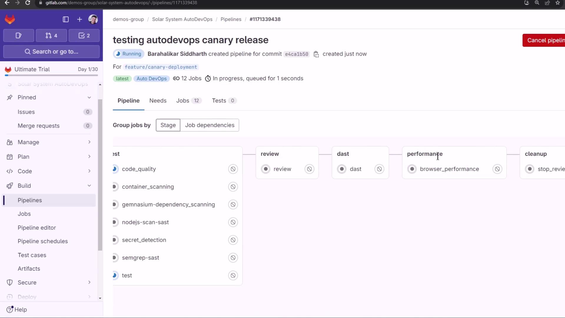 The image shows a GitLab pipeline interface for a project named "Solar System AutoDevOps," displaying various stages and jobs such as code quality, container scanning, and performance testing. The pipeline is currently running, with a focus on a "canary release" for a specific feature branch.