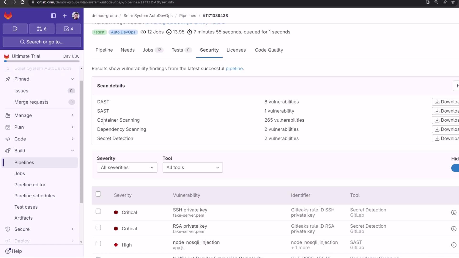The image shows a GitLab security dashboard displaying scan results with various vulnerabilities identified, including critical and high severity issues. It lists details of vulnerabilities found in different categories like DAST, SAST, and container scanning.
