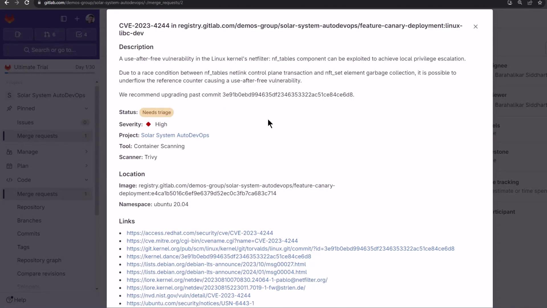 The image shows a GitLab interface displaying details of a security vulnerability (CVE-2023-4244) related to a use-after-free issue in the Linux kernel's netfilter component. It includes information about the severity, project, tool, scanner, and relevant links.