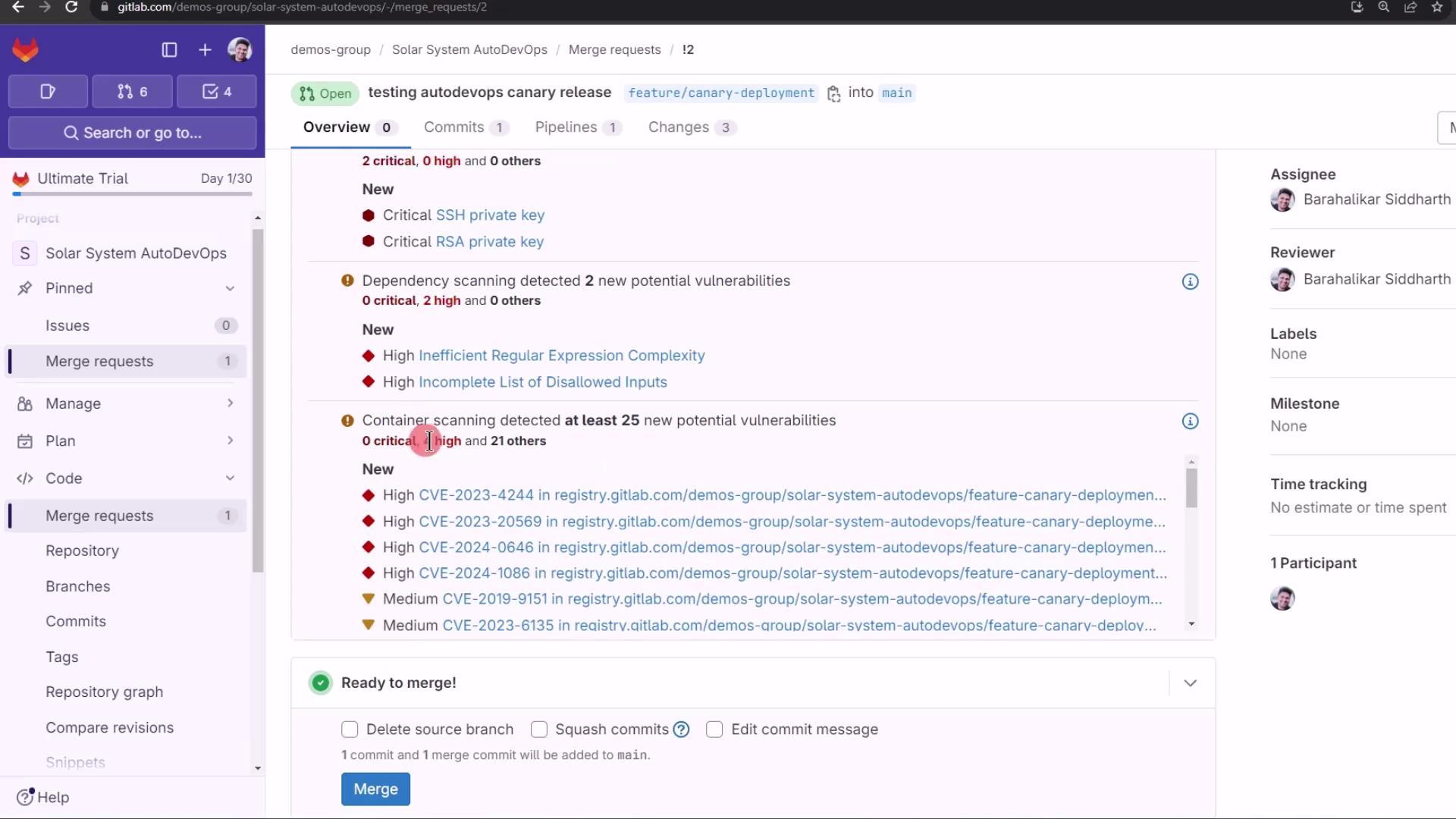 The image shows a GitLab interface with a merge request for a project named "Solar System AutoDevOps." It highlights detected vulnerabilities in dependency and container scanning, with options to merge the request.