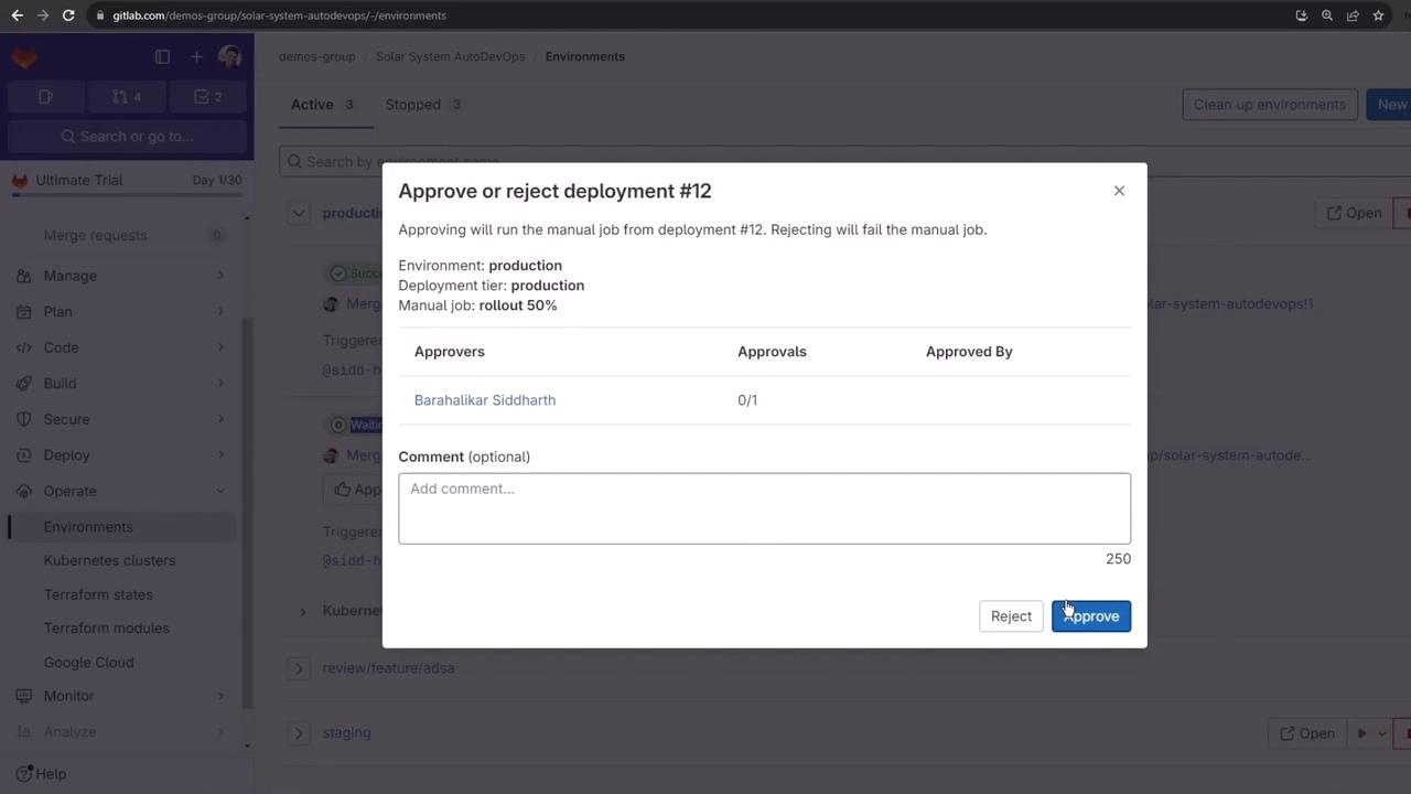 The image shows a GitLab interface with a pop-up window for approving or rejecting a deployment. It includes details about the environment, deployment tier, and manual job, with options to add comments and approve or reject the deployment.