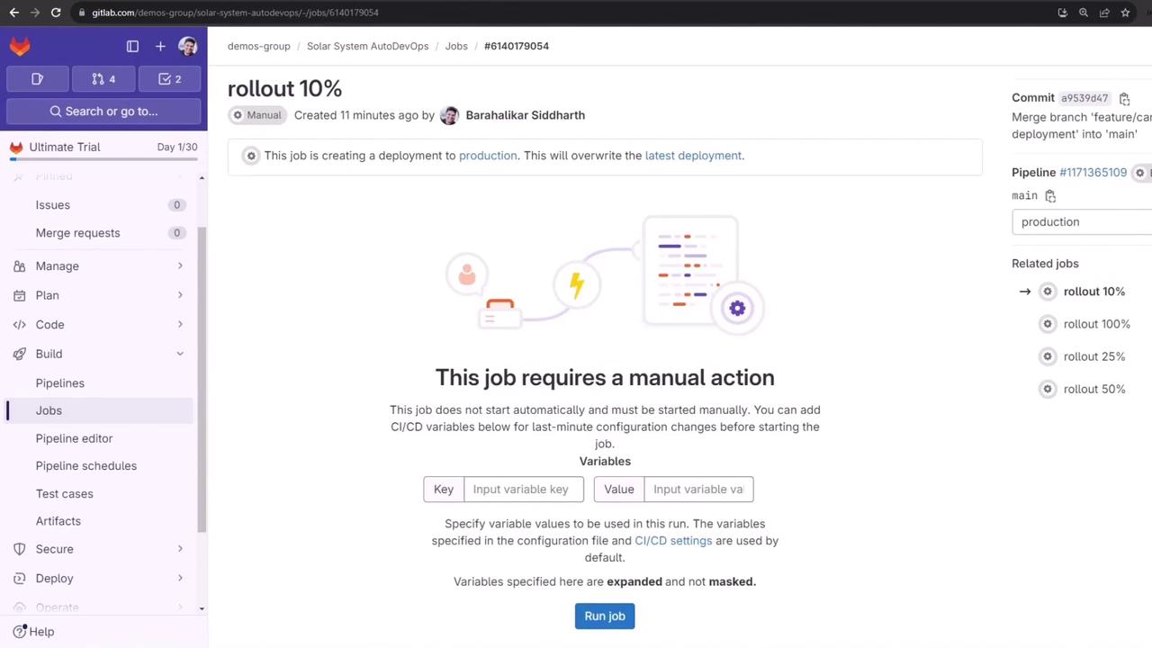 The image shows a GitLab interface for a job that requires manual action to start a deployment to production. It includes options to input CI/CD variables and a "Run job" button.