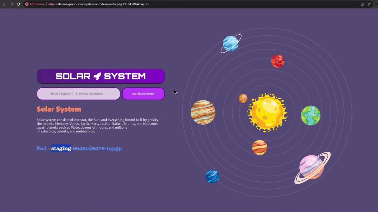 The image shows a stylized representation of the solar system with planets orbiting the sun, accompanied by a user interface for searching planets.