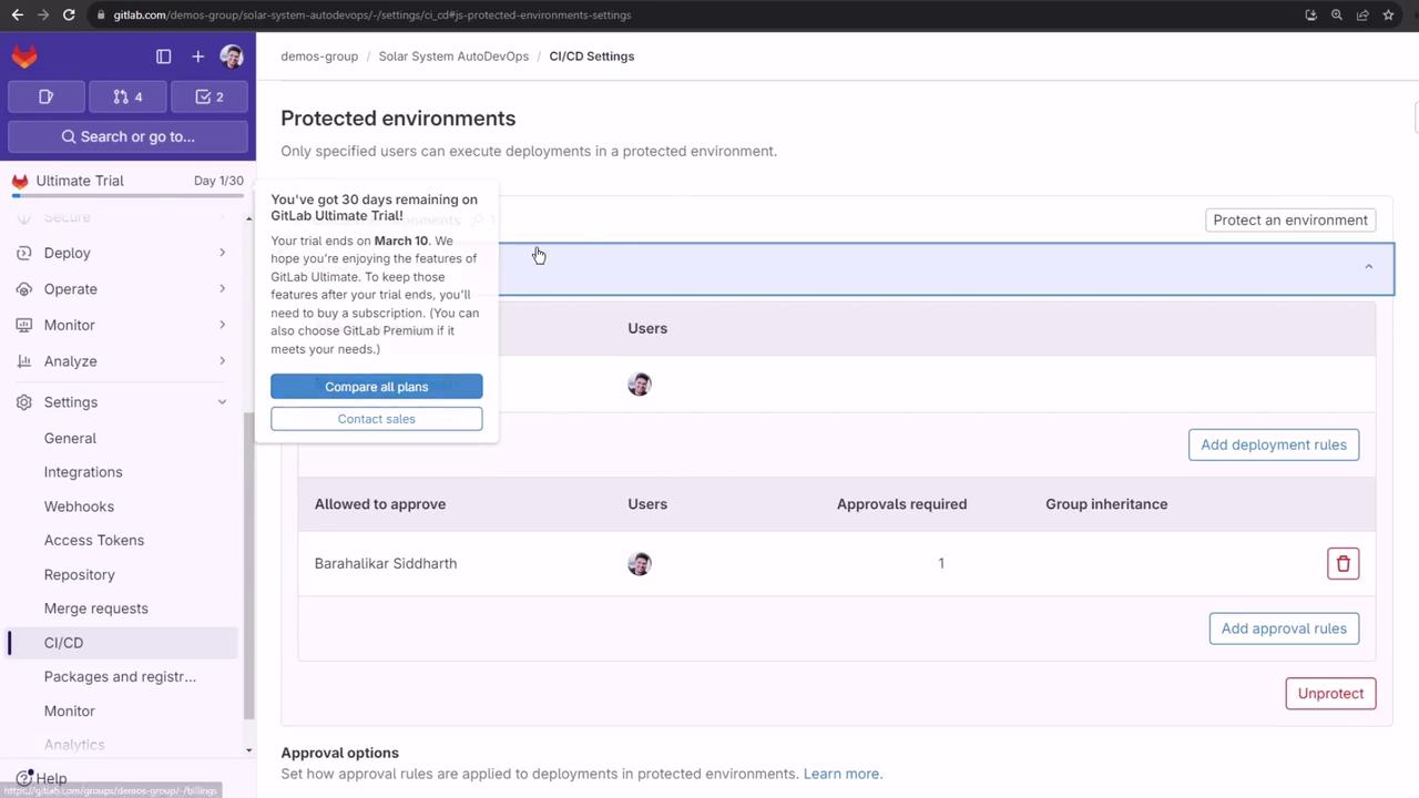 The image shows a GitLab CI/CD settings page for protected environments, with a pop-up message about a GitLab Ultimate Trial. It includes user permissions and approval settings.
