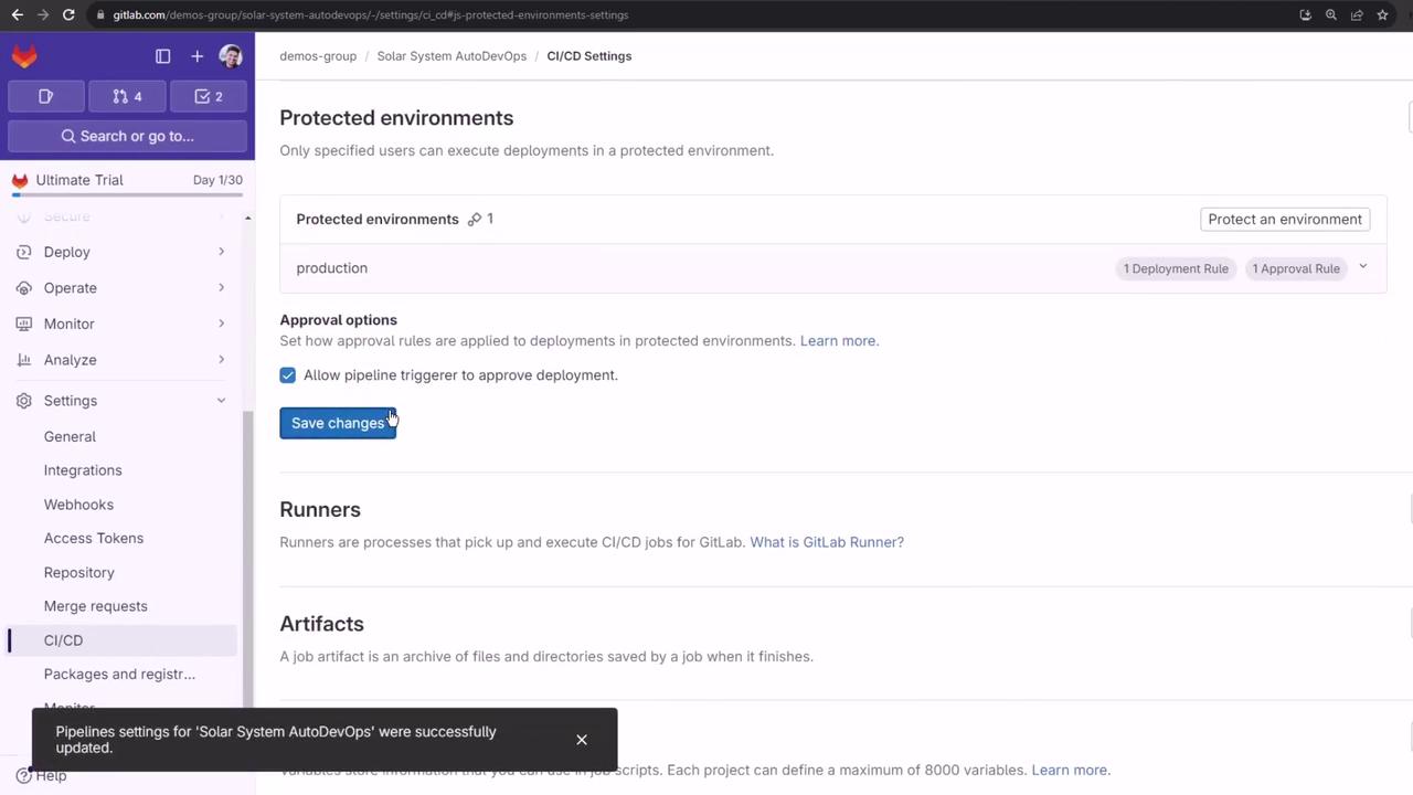 The image shows a GitLab CI/CD settings page for managing protected environments, with options for approval and deployment rules. A notification at the bottom indicates successful updates to the pipeline settings.