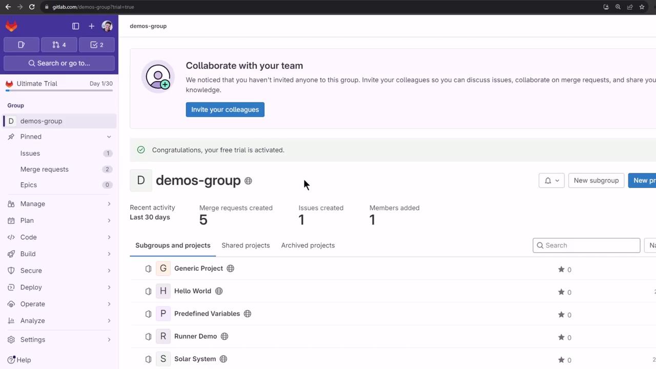 The image shows a GitLab interface for a group named "demos-group," displaying recent activity, merge requests, and a list of projects. It also includes a notification about inviting colleagues to collaborate.