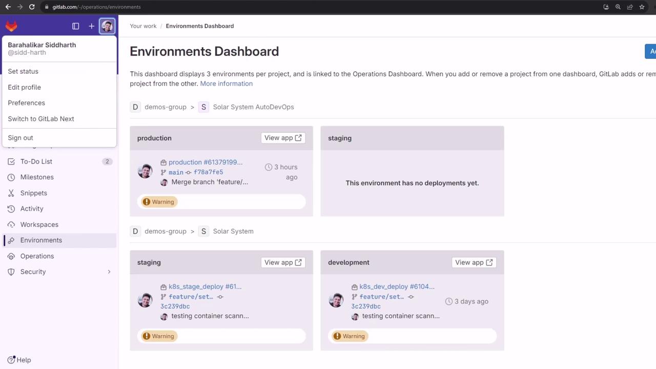 The image shows a GitLab Environments Dashboard with sections for production, staging, and development environments. It includes deployment details and warnings for each environment.