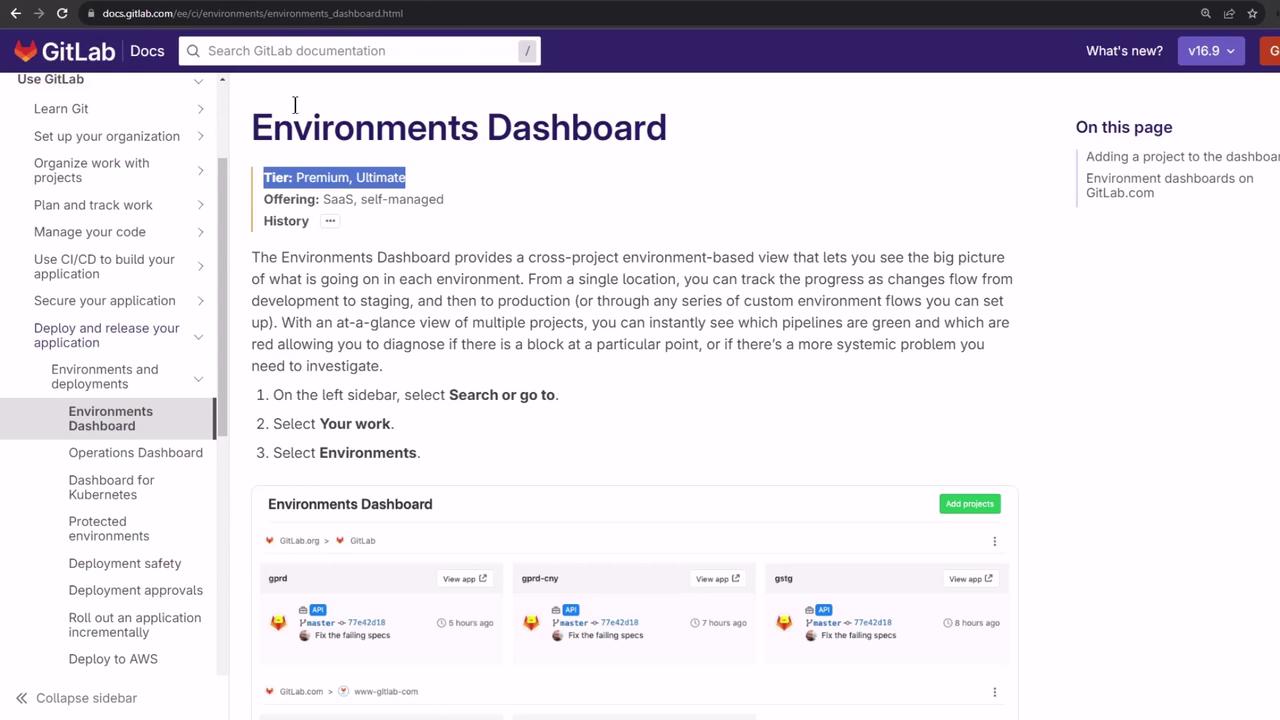 The image shows a GitLab documentation page for the "Environments Dashboard," detailing its features and providing instructions on how to access it. The page includes a sidebar menu and a section displaying environment details.